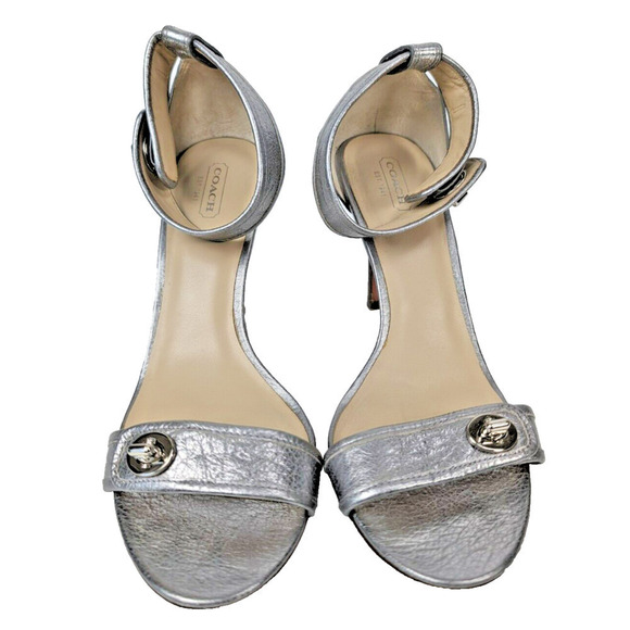 Coach Harleigh Cuba Ankle Strap Sandals Heels Court Leather Metallic Silver 10 - Picture 4 of 10